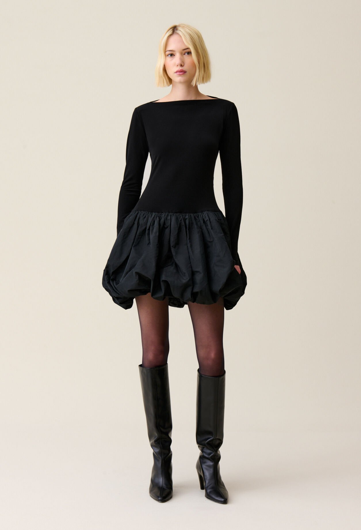 Black mixed-fabric ball-skirt dress