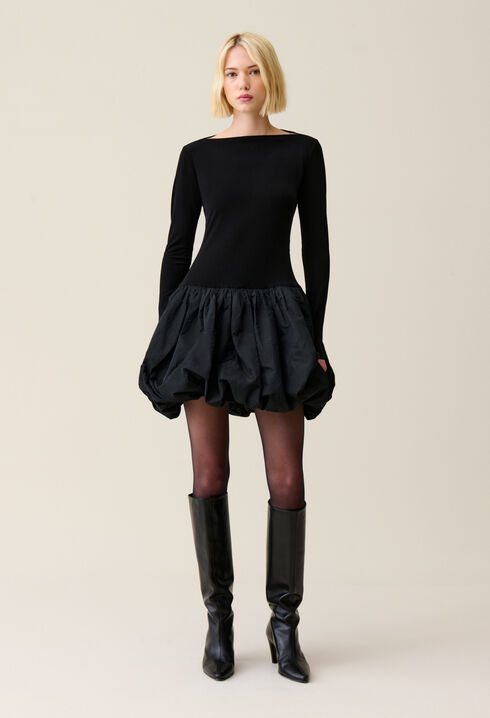 Black mixed-fabric ball-skirt dress