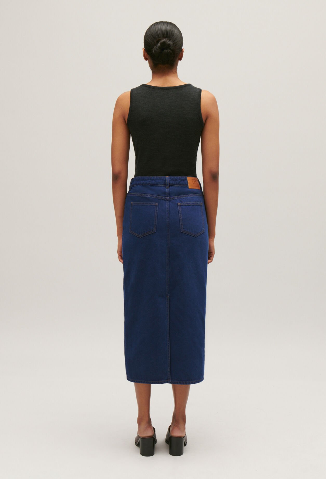 Blue denim midi skirt