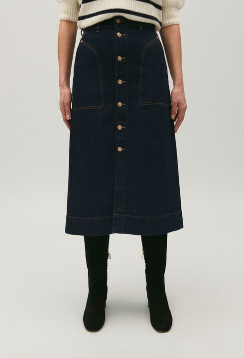 Blue denim midi skirt