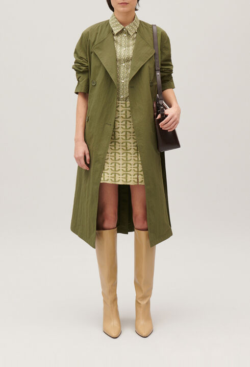 Khaki nylon mid-length trench coat