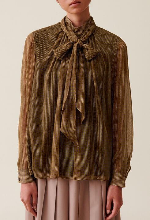 Fluid Check Tie-Neck Blouse