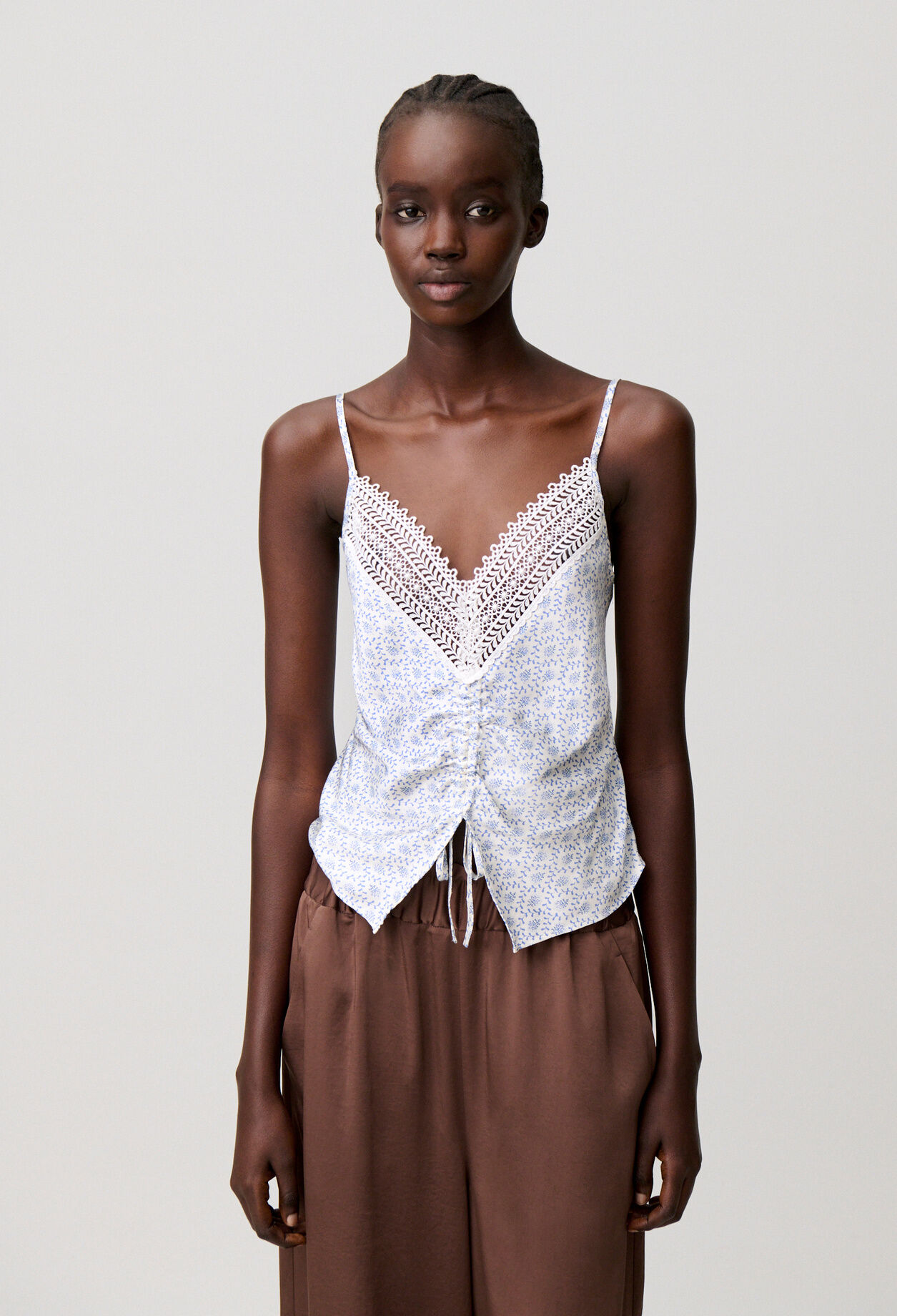 Lace-print satin top