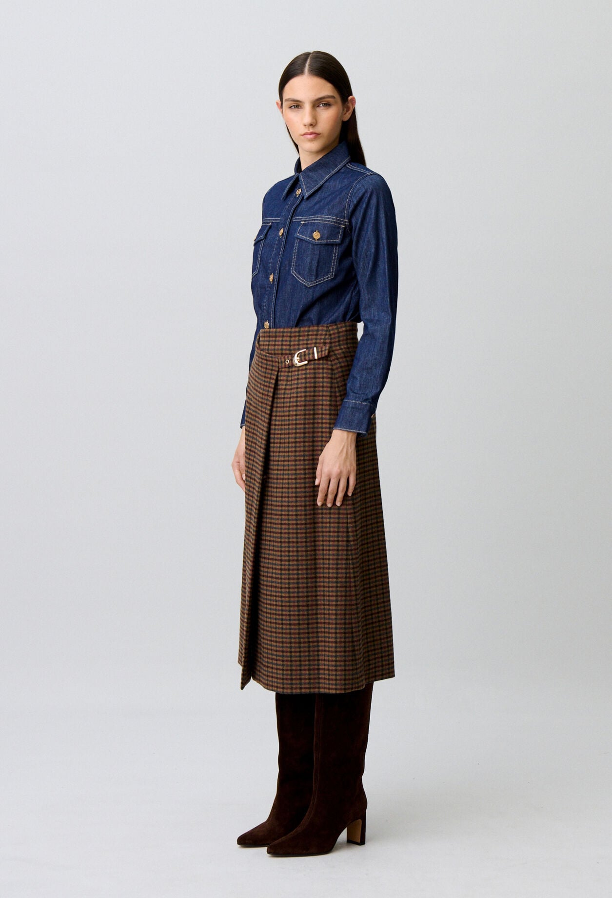 Straight check wool blend skirt