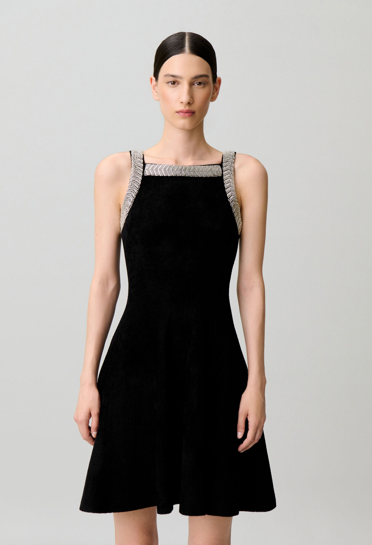 Flared beaded velvet knit dress