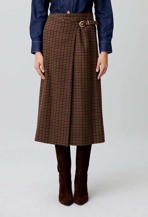 Straight check wool blend skirt