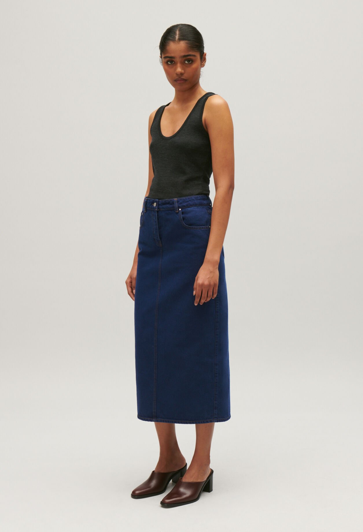 Blue denim midi skirt