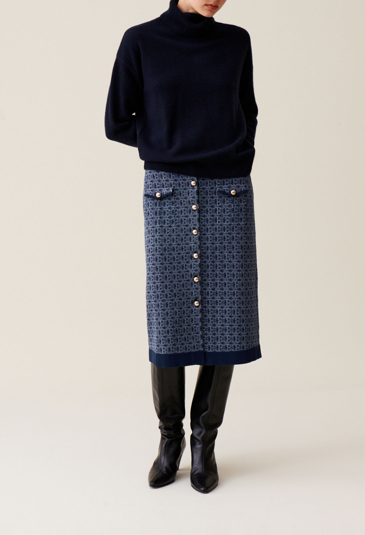 Navy high-waisted monogram skirt