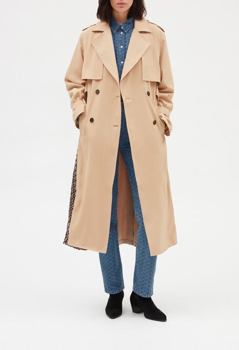 Monogrammed beige mid-length trench coat