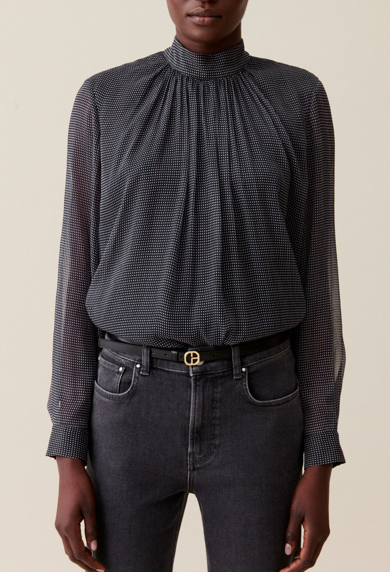 Fluid Check Tie-Neck Blouse