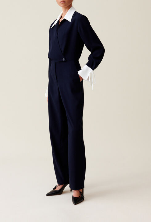 Navy dual-fabric jumpsuit