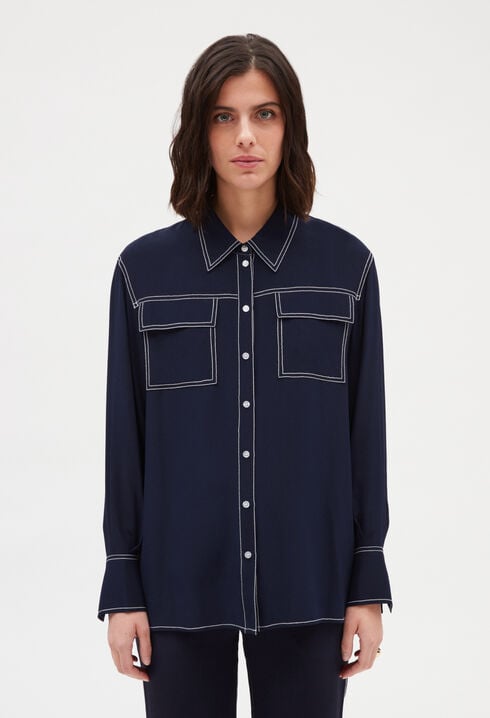 Blue silk long-sleeved shirt