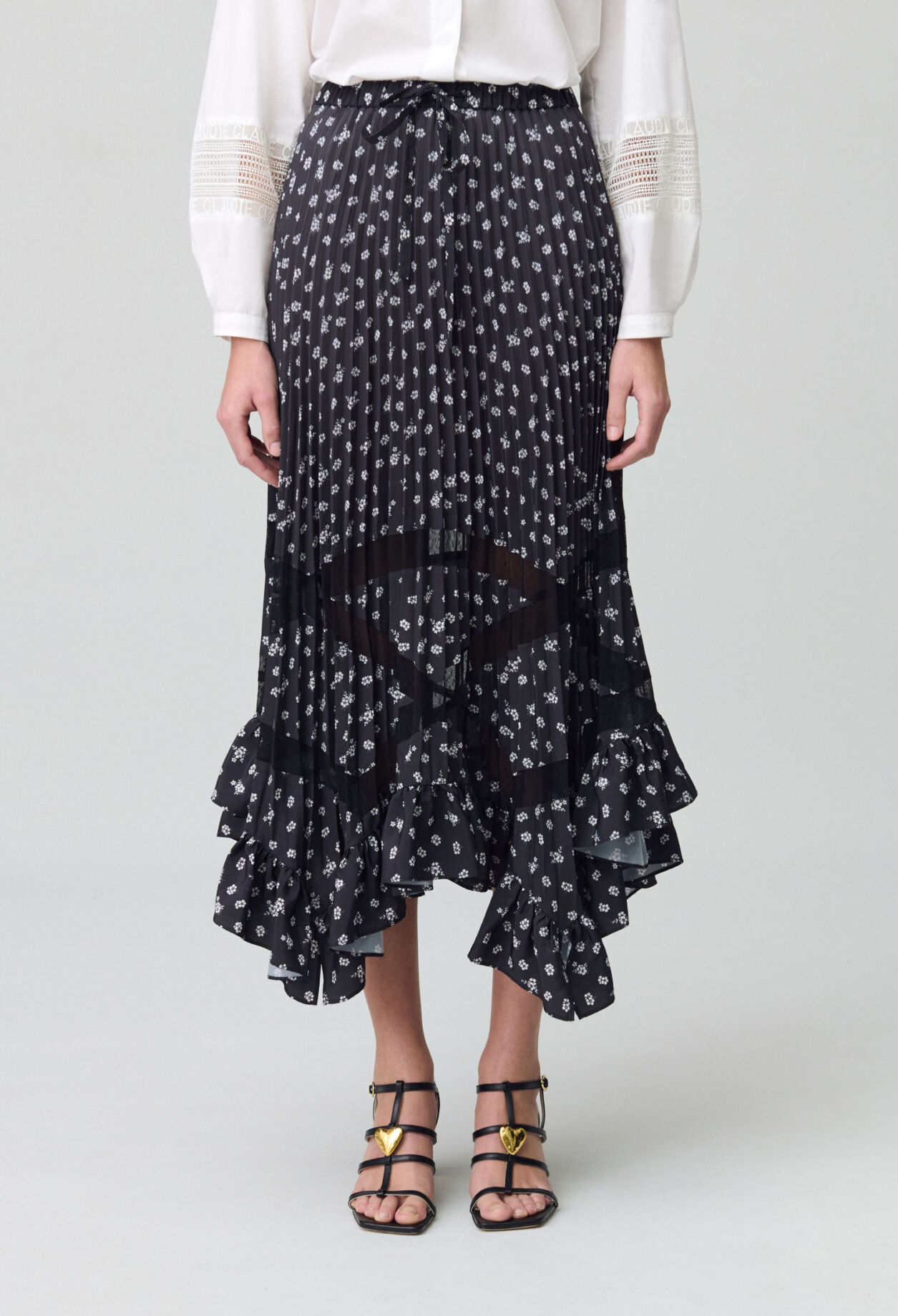 Asymmetric Floral Pleated Skirt