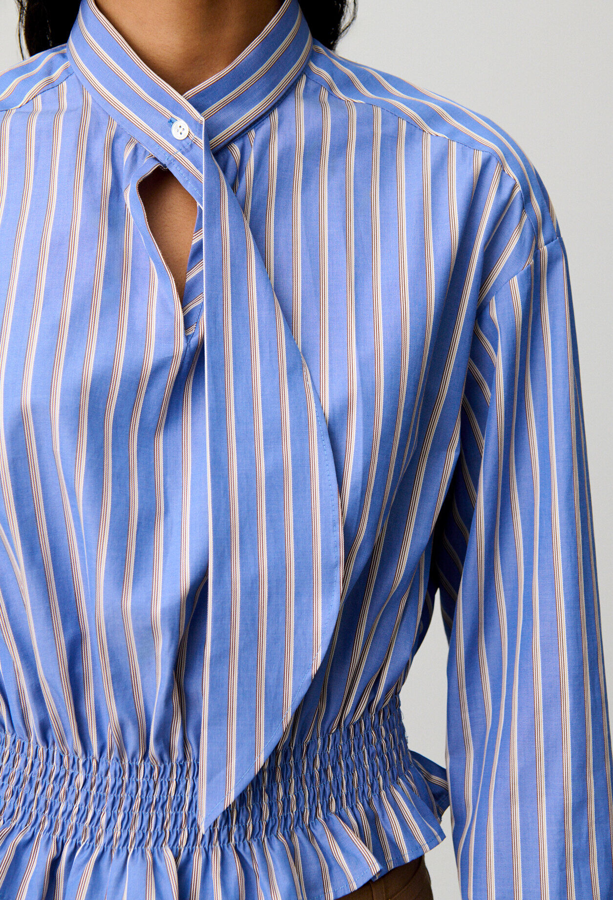Striped poplin tie-neck top