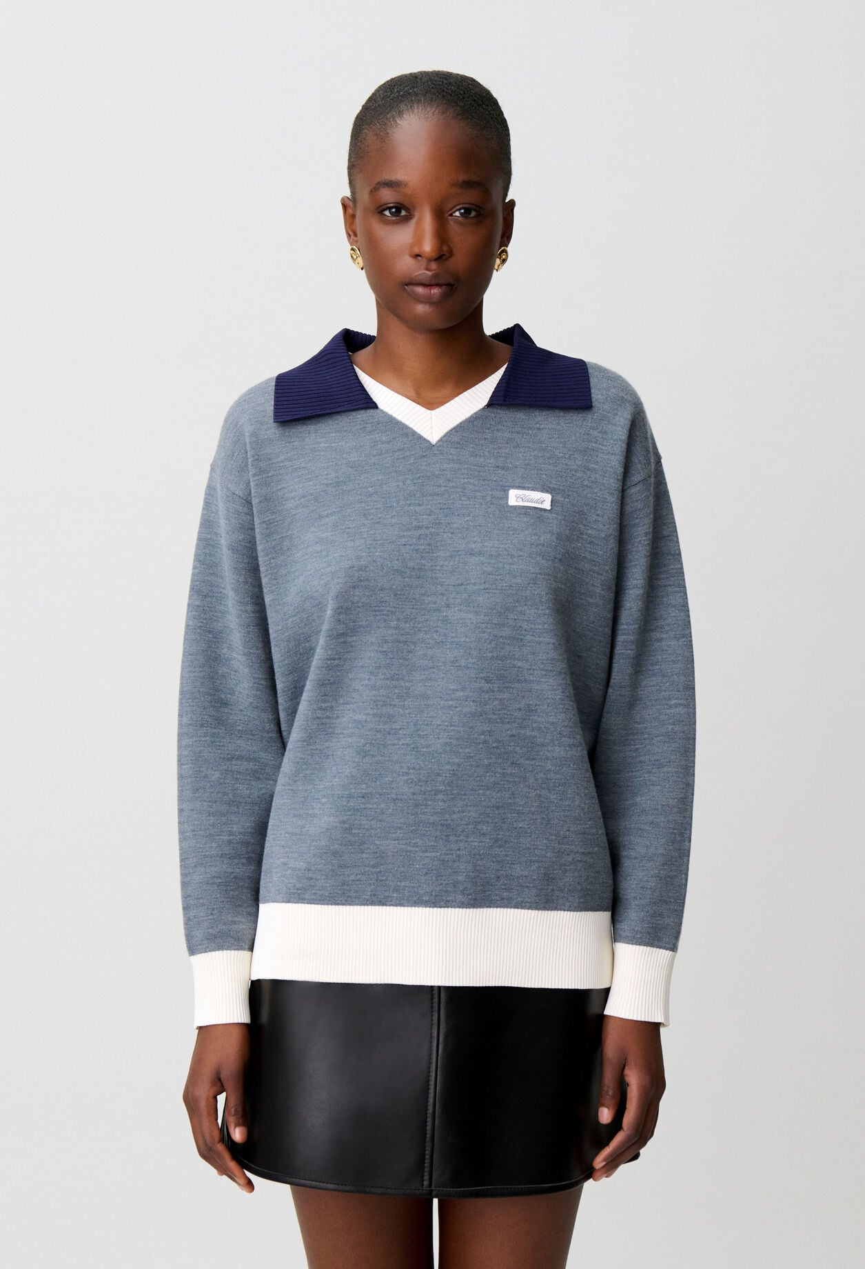 Contrast double collar knit jumper