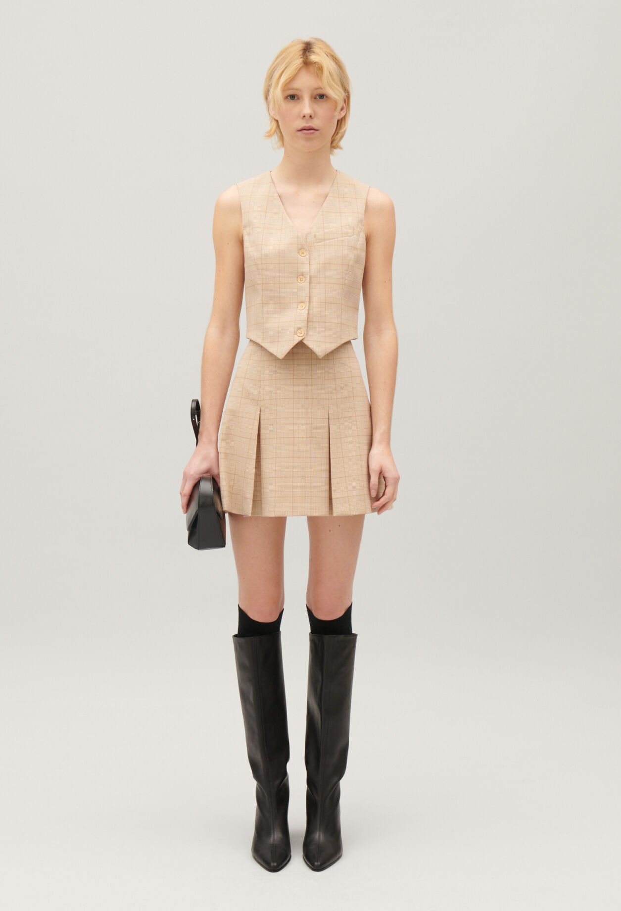 Beige checked A-line skirt