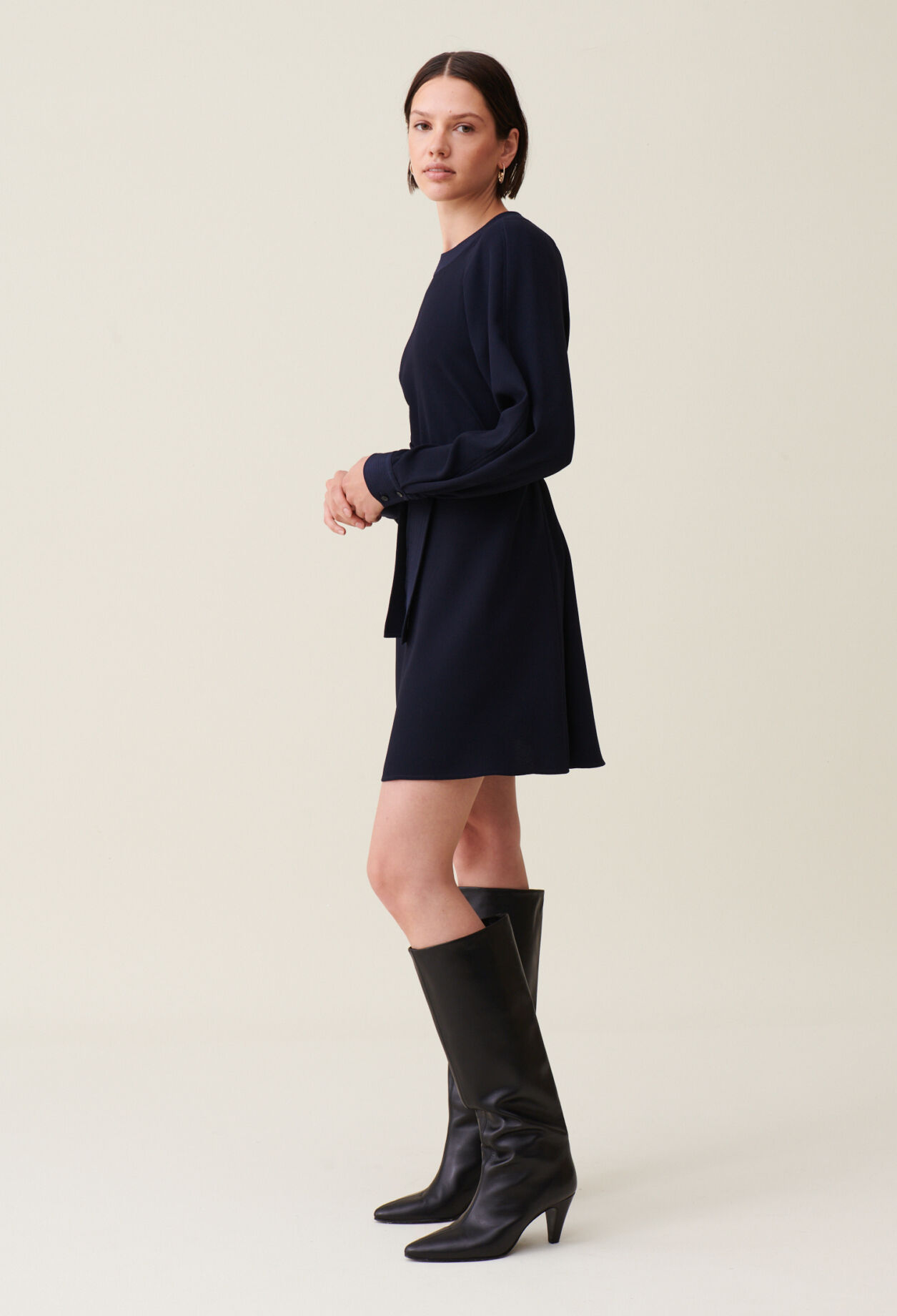 Navy belted babydoll dress