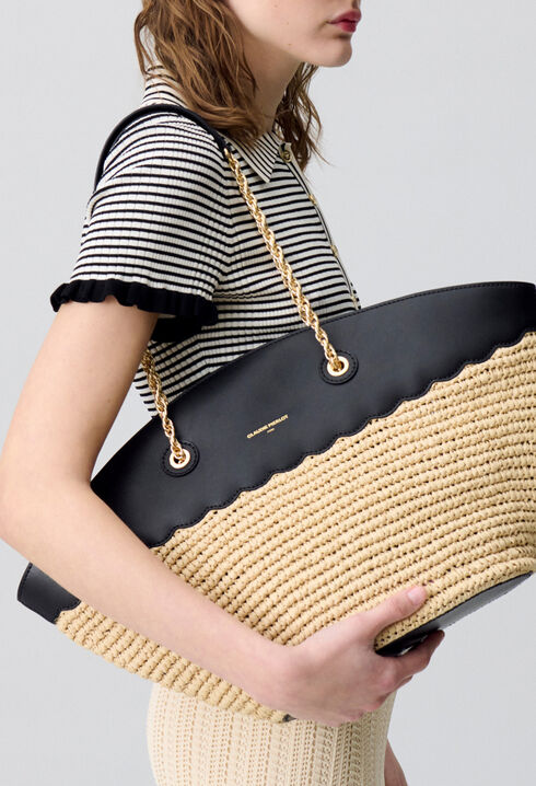 Woven Basket Bag Leather Trim