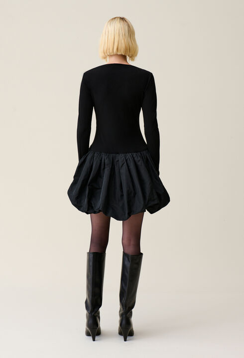 Black mixed-fabric ball-skirt dress
