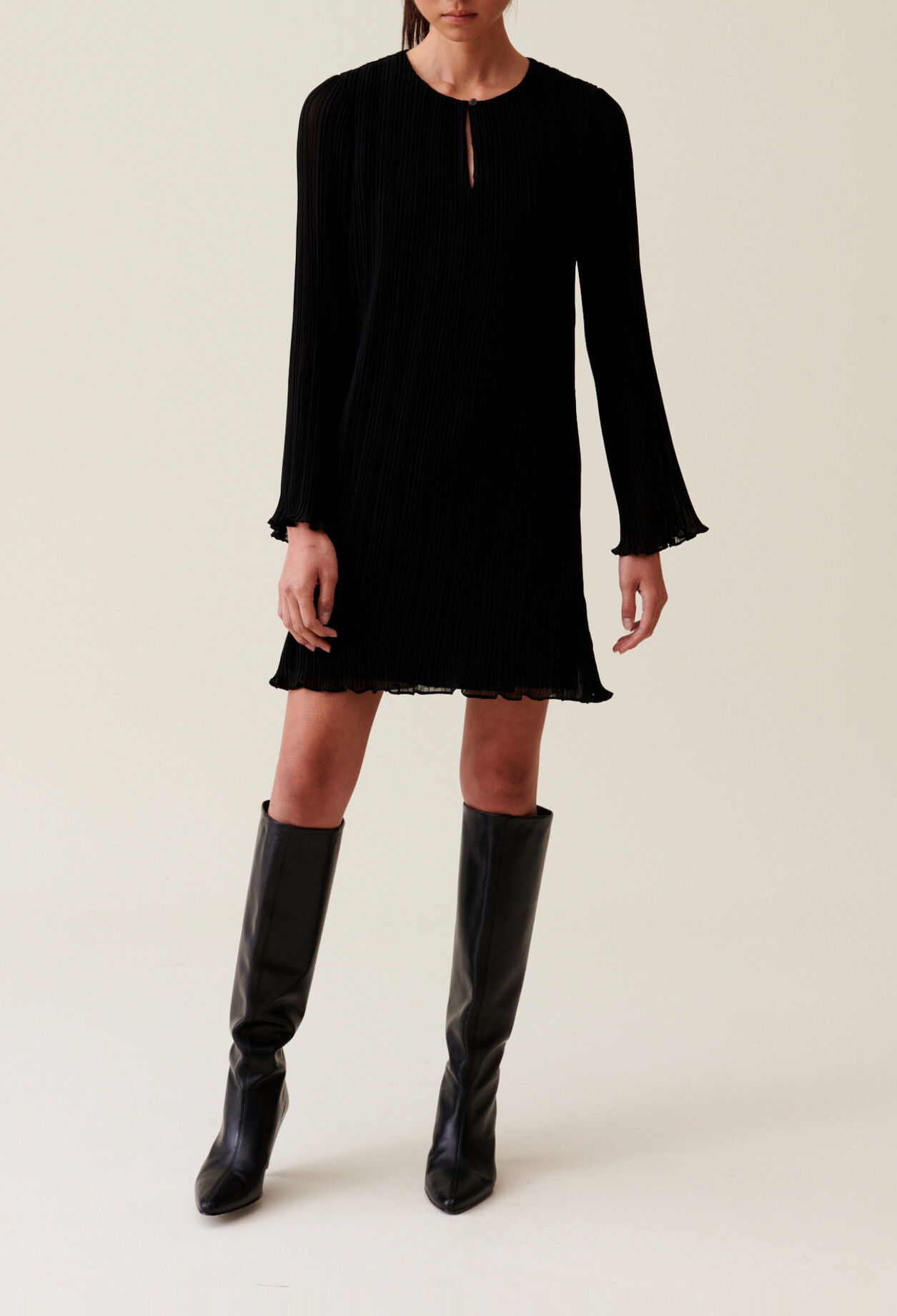 Pleated Short Dress, Long Sleeves