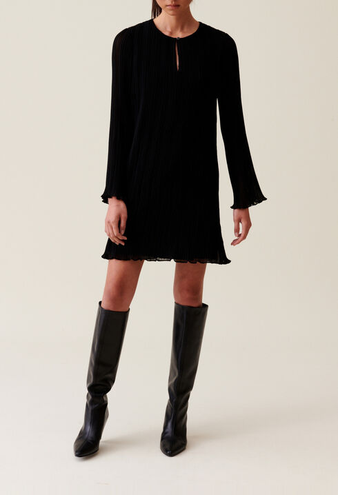 Pleated Short Dress, Long Sleeves