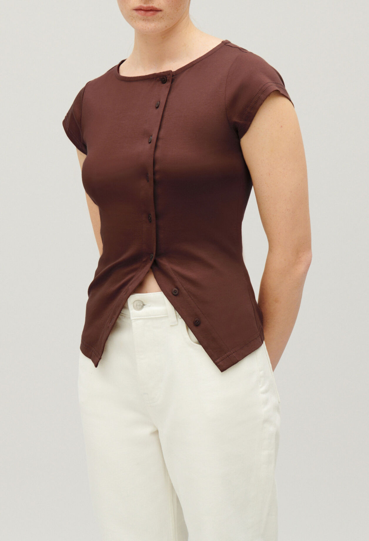 Black asymmetric button-up top